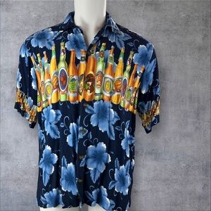 Pacific & Co Shirt Men's Large Hawaiian Short Sleeve Blue Button Up Beer (817)